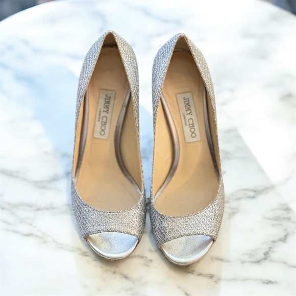 Jimmy Choo Luna 100 Glitter Fabric Platform Peep-Toe Pump, Size 39 - Picture 1 of 11